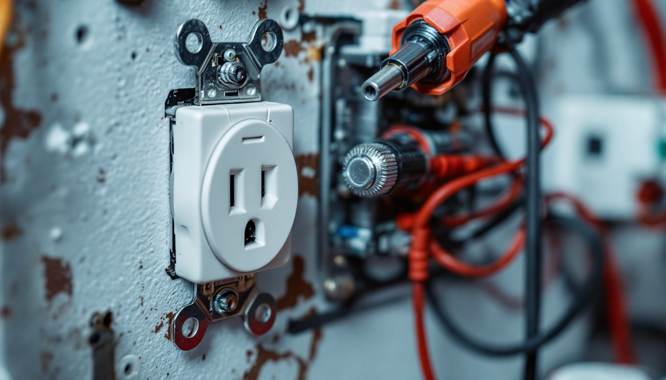 A photograph of a close-up view of an electric outlet