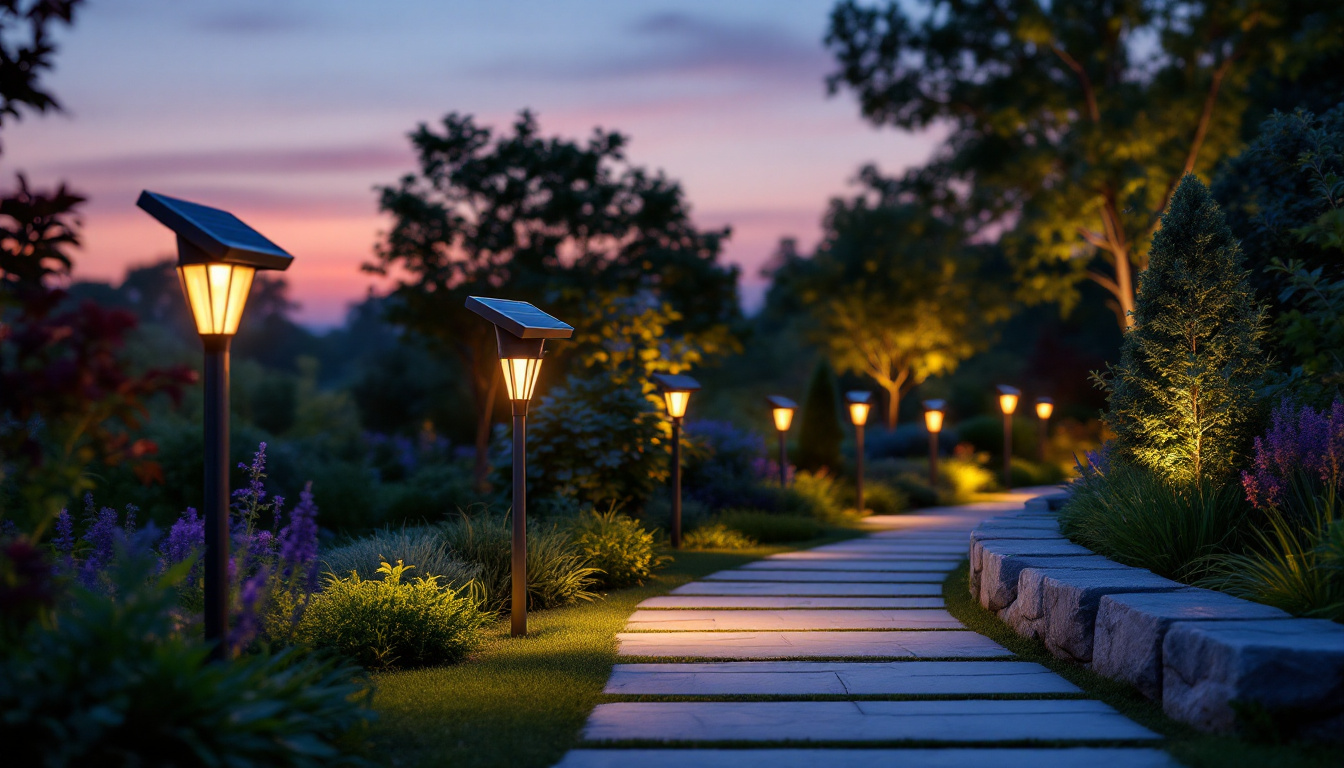 A photograph of a beautifully landscaped outdoor space illuminated by sleek solar lights during twilight