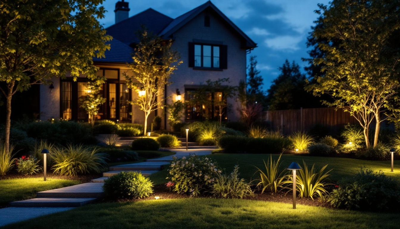 A photograph of a beautifully illuminated outdoor space featuring various landscaping lights in use