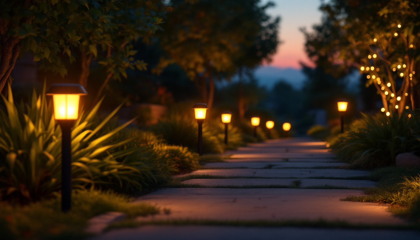 A photograph of capture a photograph of a beautifully landscaped pathway illuminated by solar pathway lights at dusk