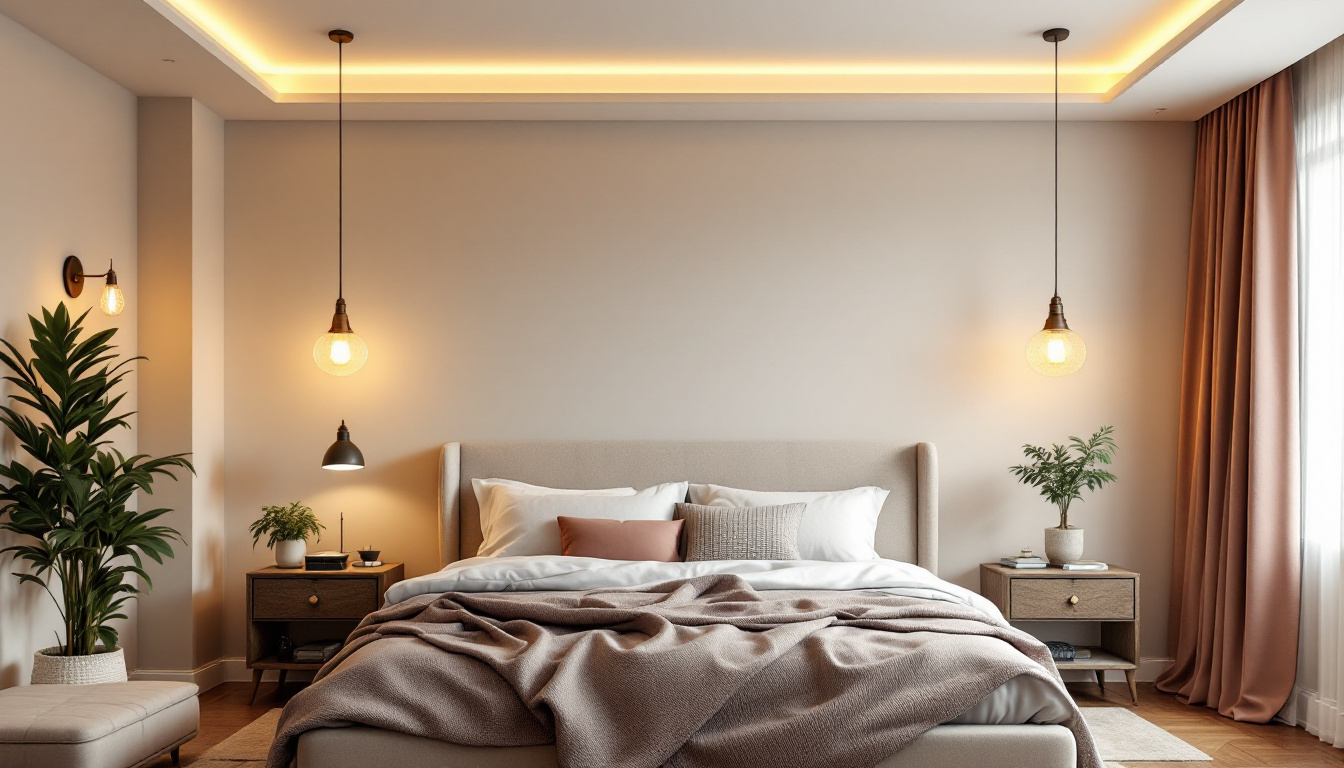 A photograph of a beautifully styled bedroom featuring a variety of ceiling light fixtures from different historical periods