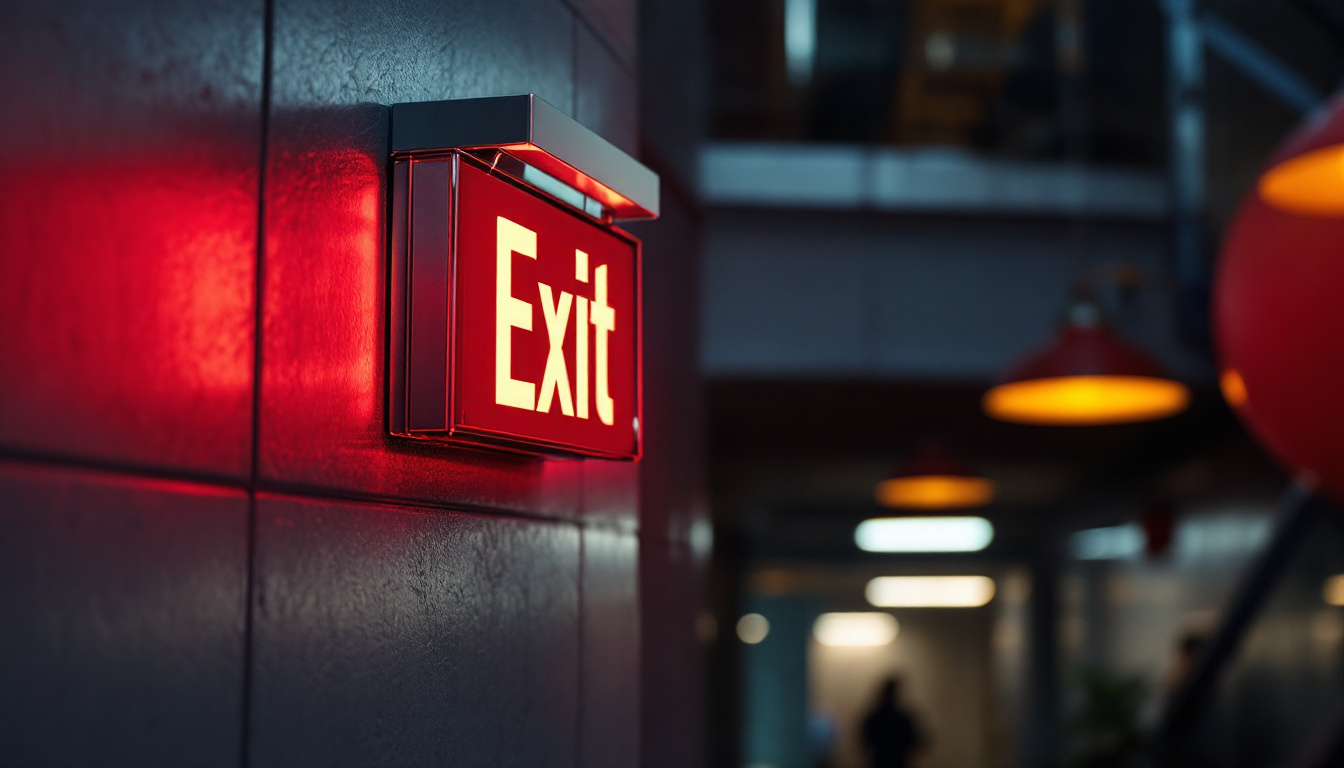 A photograph of a well-lit exit sign in a commercial building