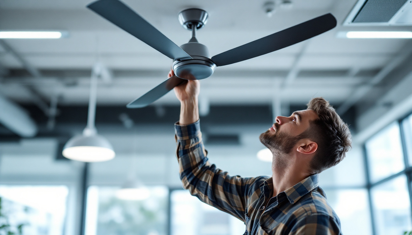 A photograph of a skilled technician installing a sleek commercial ceiling fan in a spacious