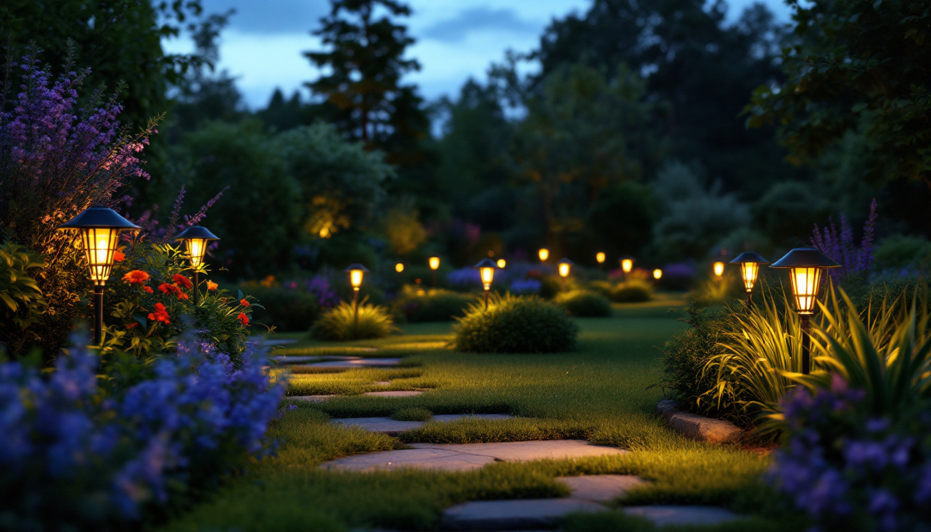 A photograph of a beautifully landscaped garden at dusk