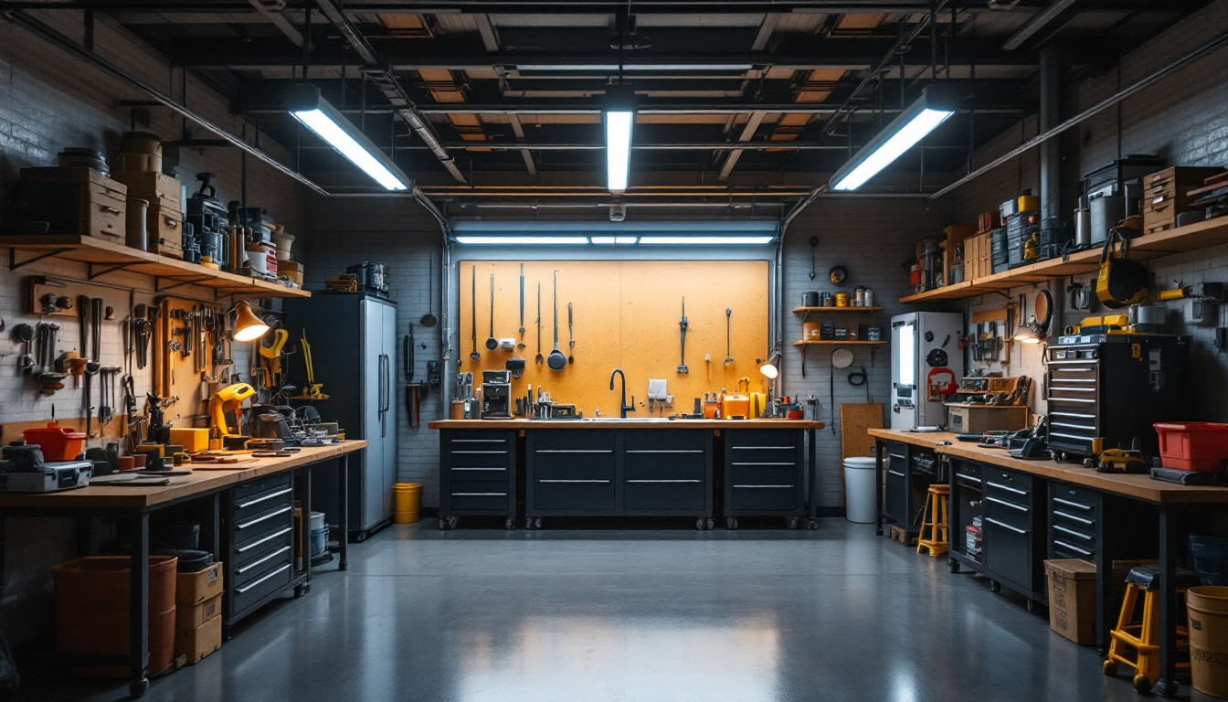 A photograph of a well-lit workshop or garage space showcasing the 4-foot led shop lights in action