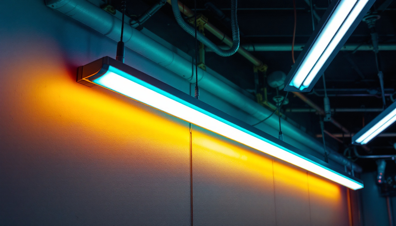 A photograph of a well-lit indoor space featuring various fluorescent light fixtures