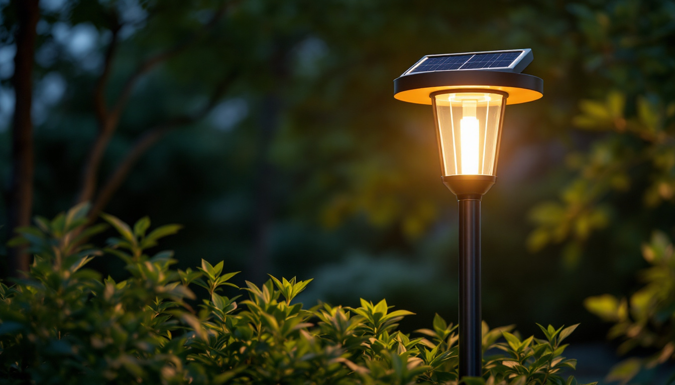 A photograph of a beautifully designed solar lamp post illuminating a garden or outdoor space at dusk