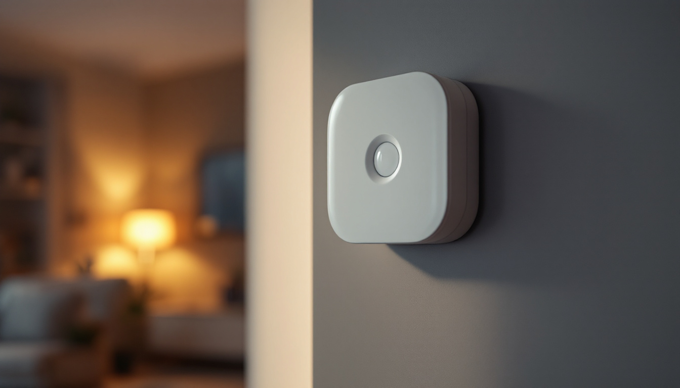 A photograph of a modern occupancy sensor installed in a well-lit room