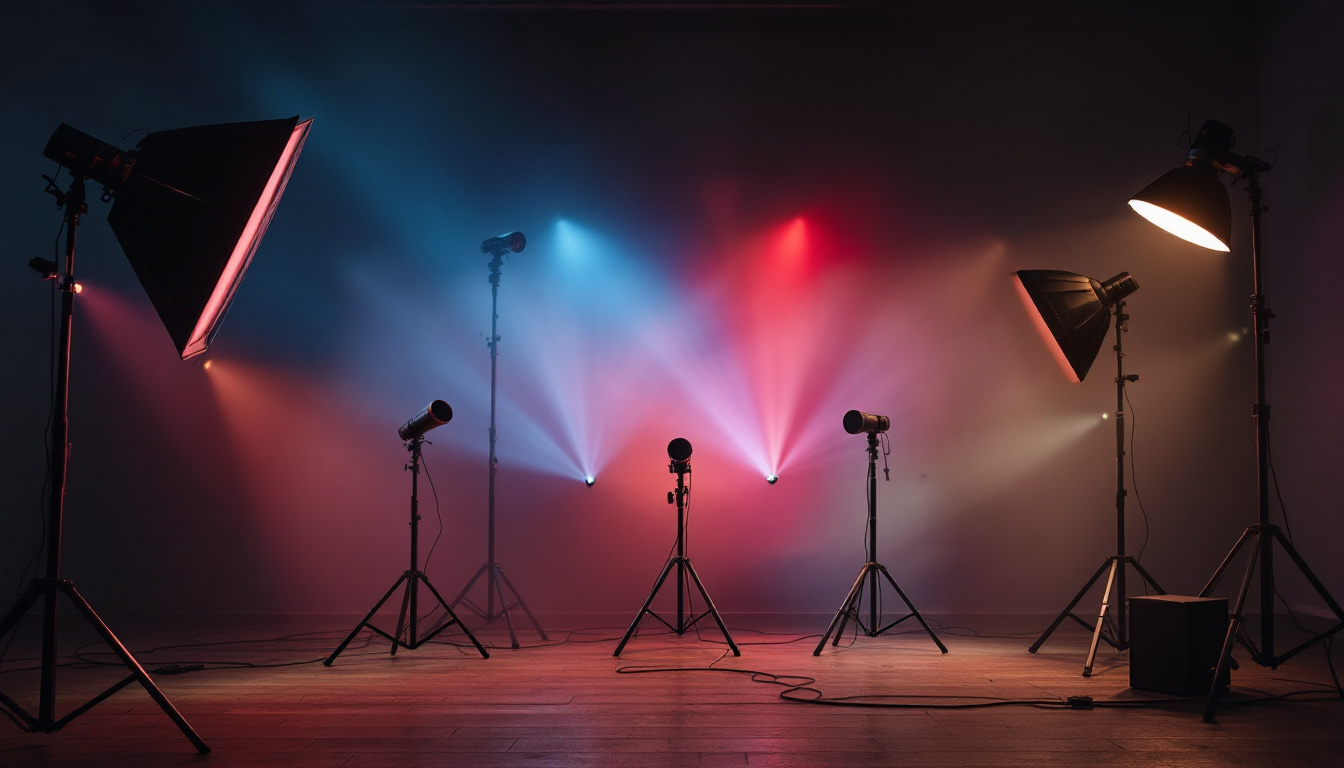 A photograph of a series of solid flag lighting setups from different eras