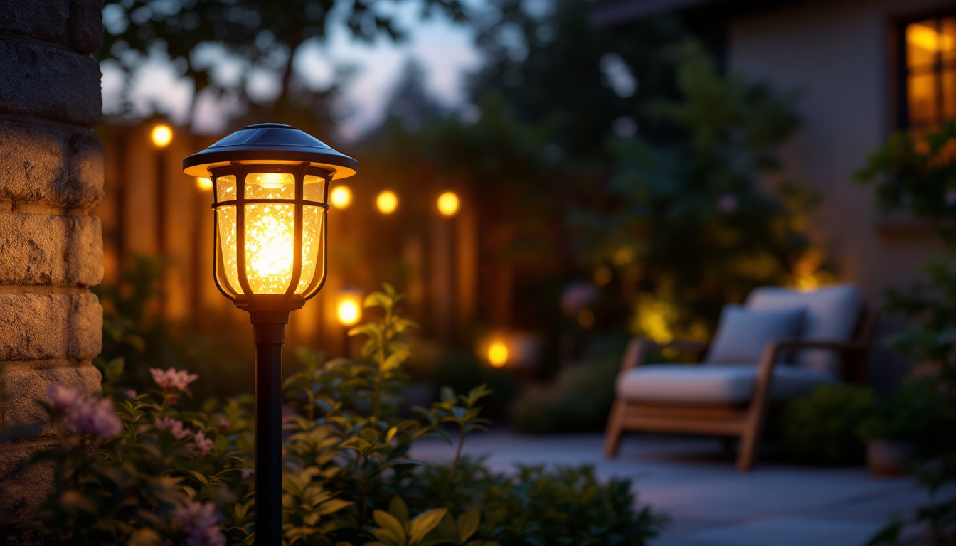 A photograph of a beautifully designed solar light illuminating a cozy outdoor space