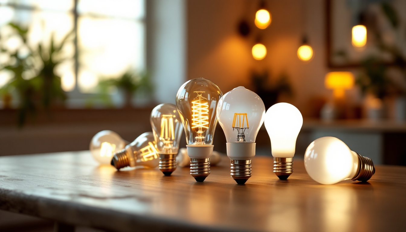 A photograph of a well-lit room showcasing a variety of light bulbs—such as led