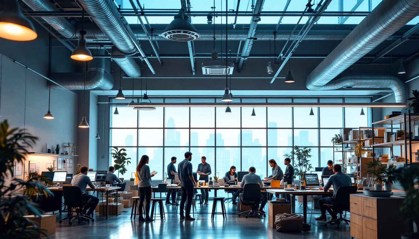 A photograph of a well-lit modern workspace featuring employees engaged in collaborative tasks under metal halide lighting