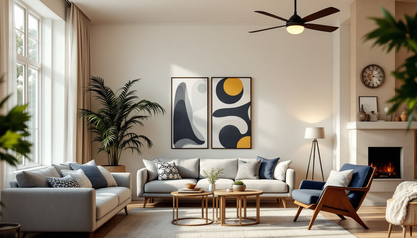 A photograph of a beautifully styled living room featuring a variety of ceiling fans in different designs and finishes