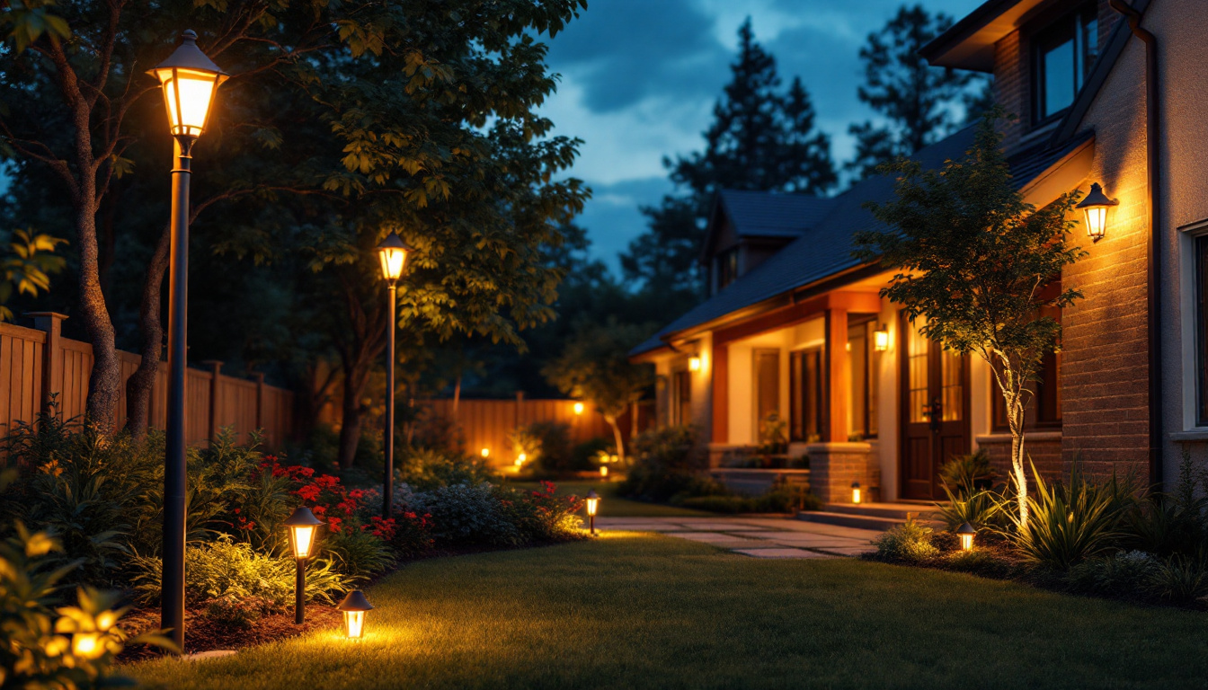 A photograph of a beautifully lit outdoor scene featuring a variety of outdoor lights