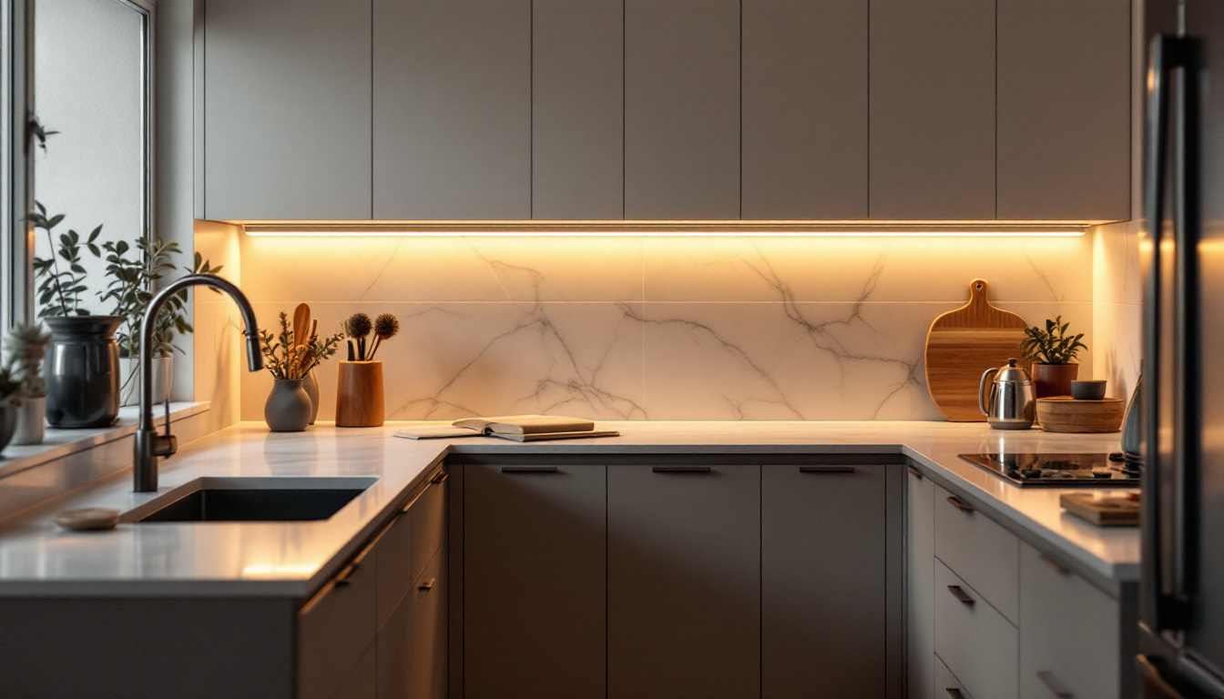 A photograph of a beautifully illuminated kitchen featuring stylish under-cabinet lighting that highlights the countertops and adds warmth to the space