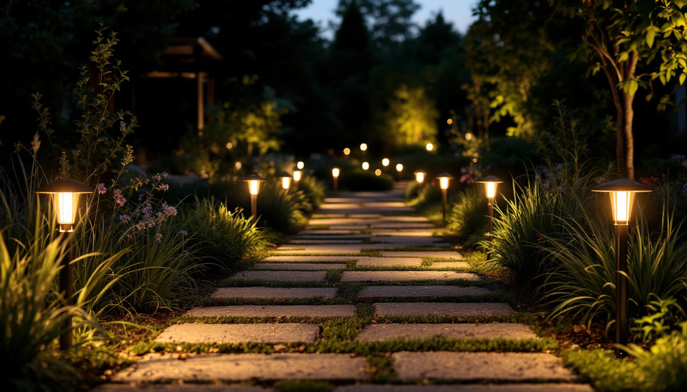 A photograph of a beautifully illuminated garden path at dusk