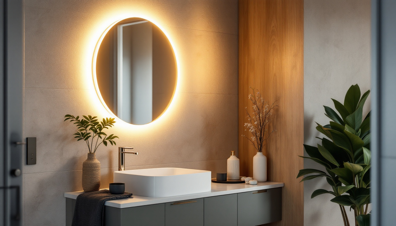 A photograph of a modern bathroom featuring a stylish vanity light that incorporates smart technology