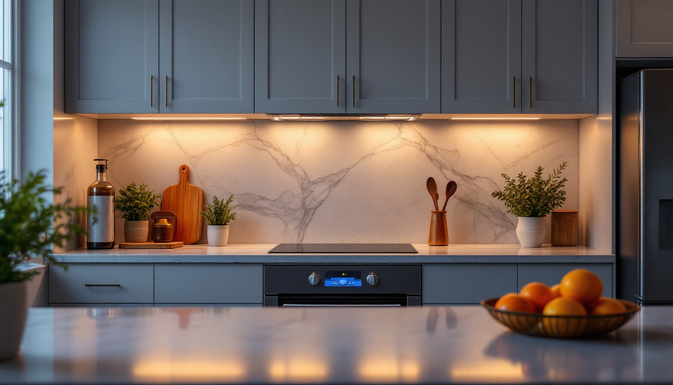 A photograph of a beautifully lit kitchen showcasing under cabinet lighting illuminating the countertops