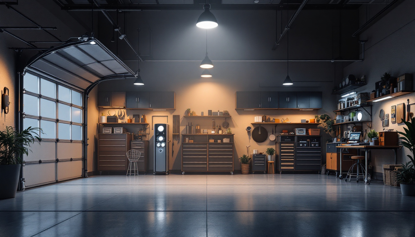 A photograph of a well-lit garage featuring a variety of energy-efficient light fixtures