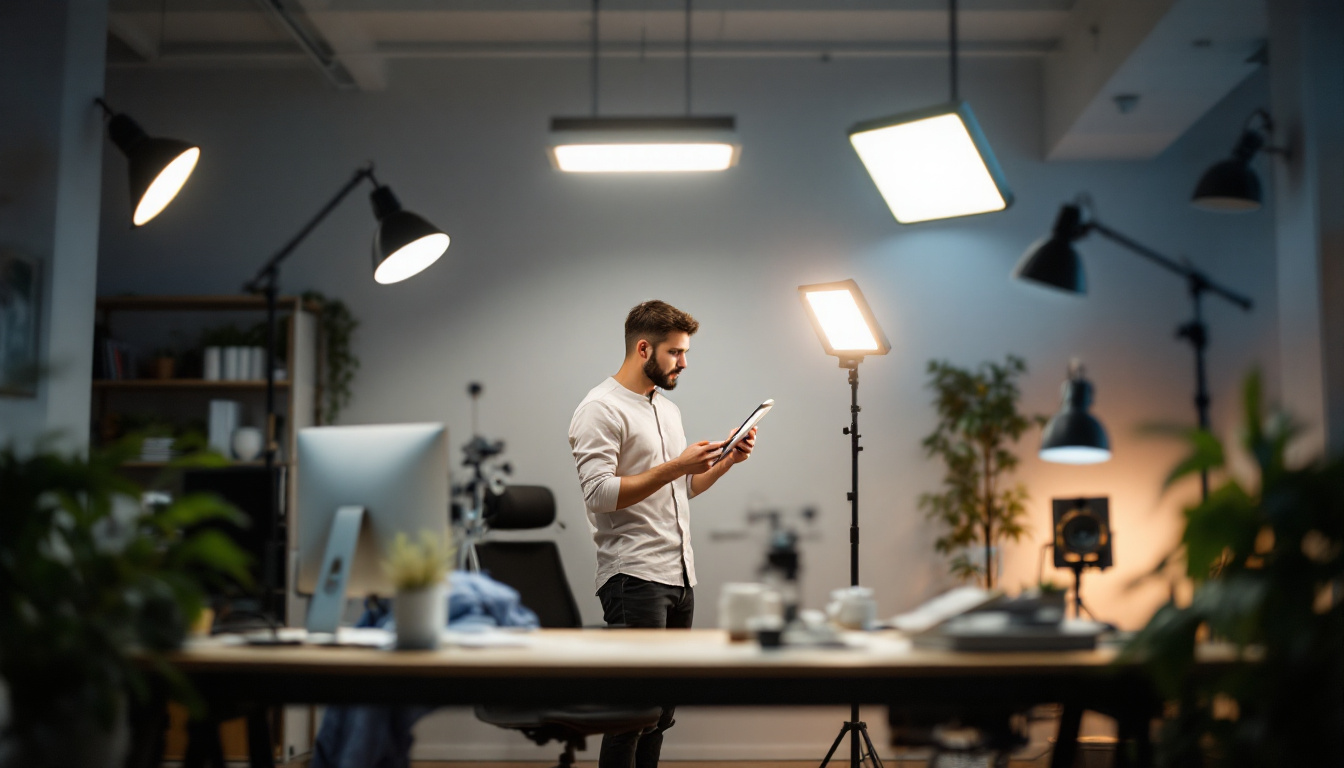 A photograph of a well-lit workspace featuring a variety of led lighting fixtures in use