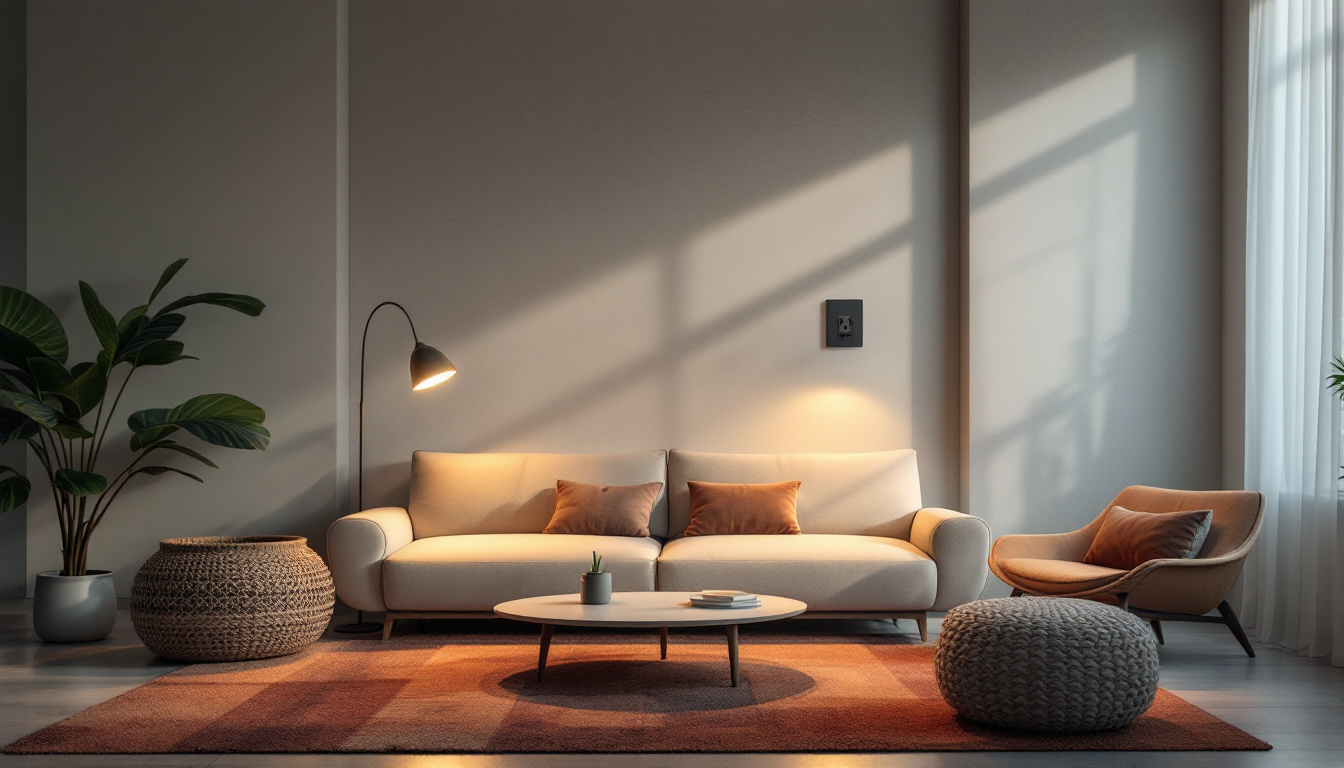 A photograph of a well-lit living space featuring stylishly arranged duplex outlets