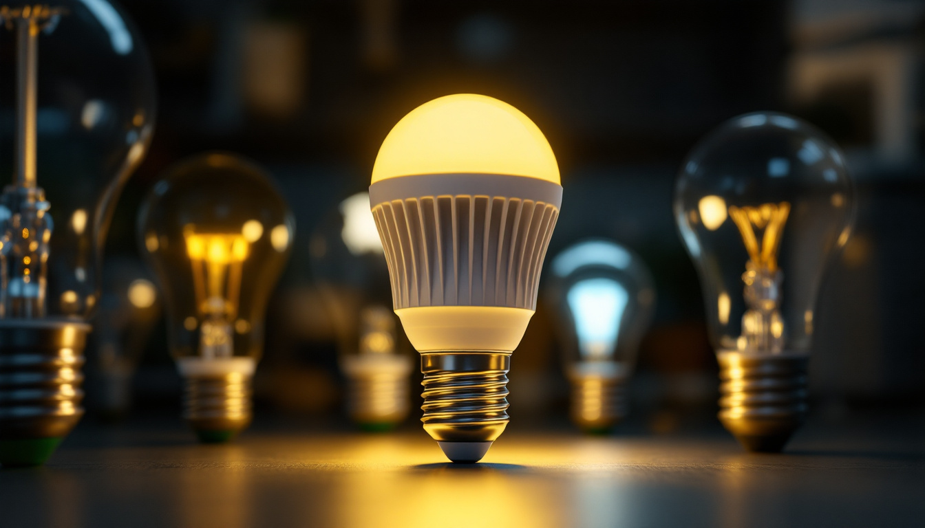 A photograph of a close-up of a modern led screw-in bulb illuminated against a backdrop of older incandescent and fluorescent bulbs