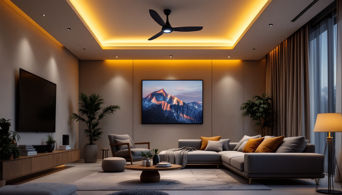 A photograph of a modern living room showcasing a stylish smart ceiling fan in action