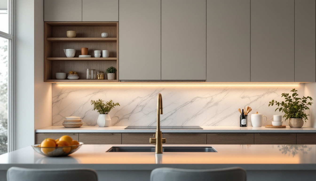 A photograph of a beautifully designed kitchen featuring under cabinet lighting that highlights the countertops and cabinetry