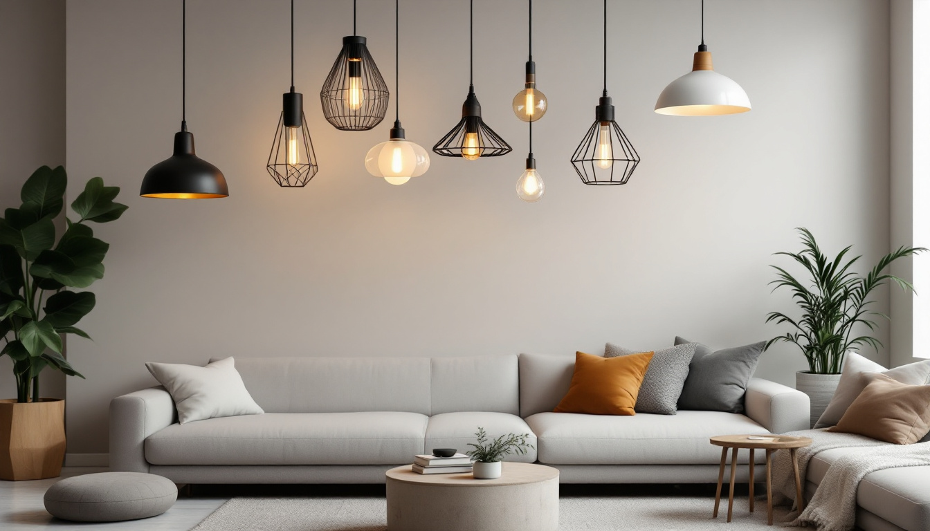 A photograph of a stylish modern living space featuring an array of contemporary pendant lights