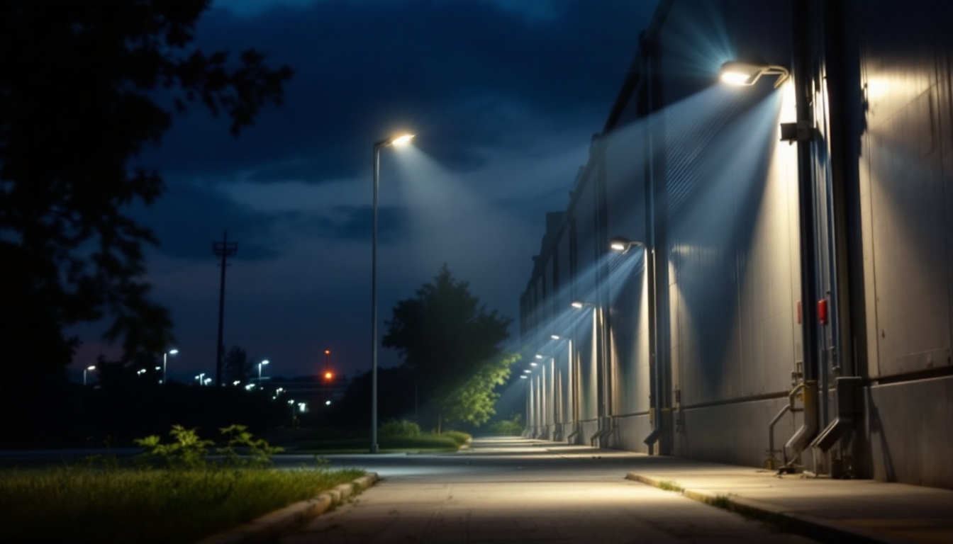 A photograph of capture a photograph of an industrial or commercial outdoor space illuminated by motion sensor lights at dusk