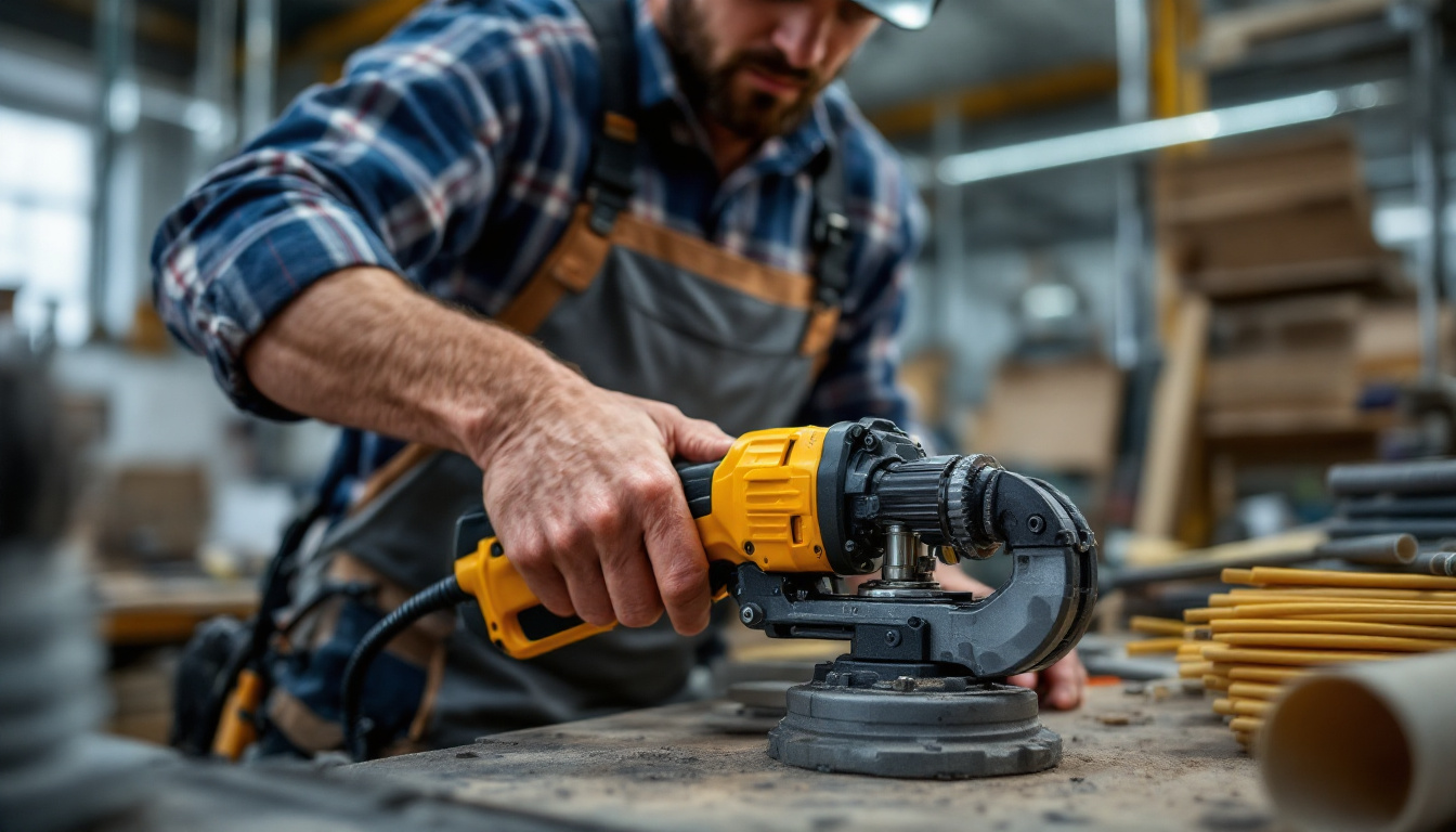 A photograph of a skilled electrician using an electric conduit bender in a workshop setting