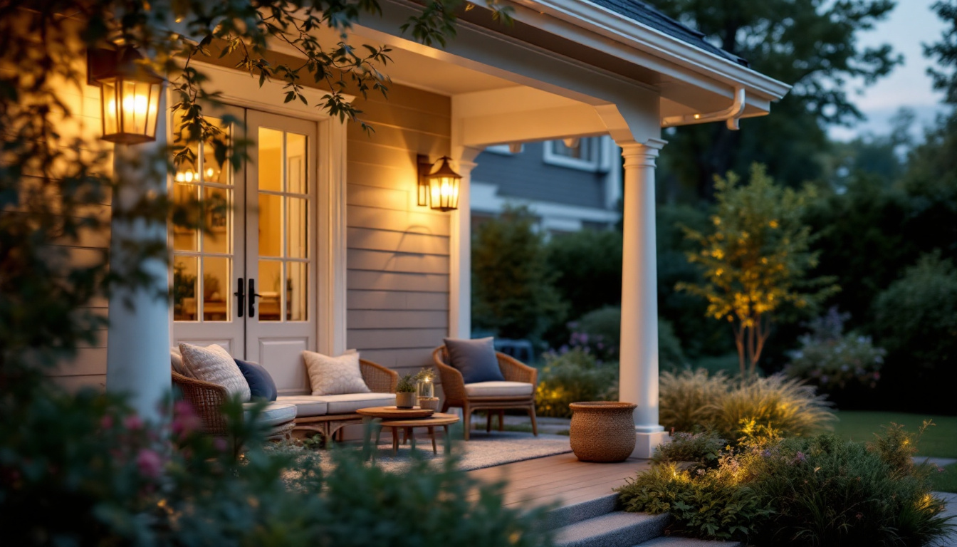 A photograph of a beautifully designed outdoor porch light illuminating a welcoming entryway