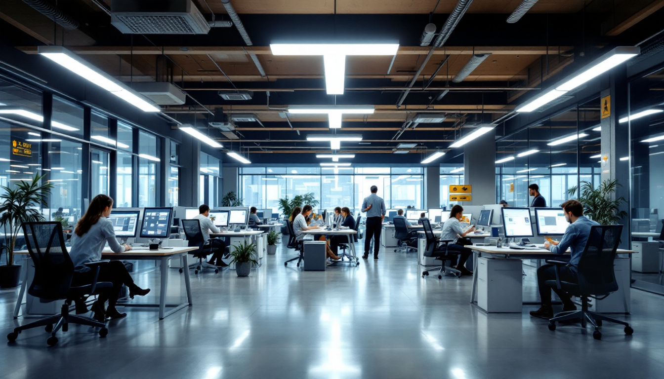 A photograph of a well-lit office environment showcasing employees engaged in their work under fluorescent lighting