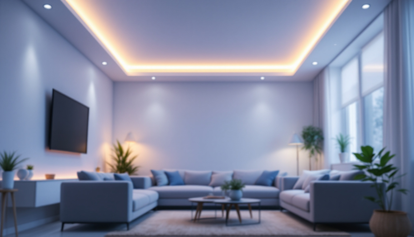 A photograph of a modern living space illuminated by recessed led ceiling lights