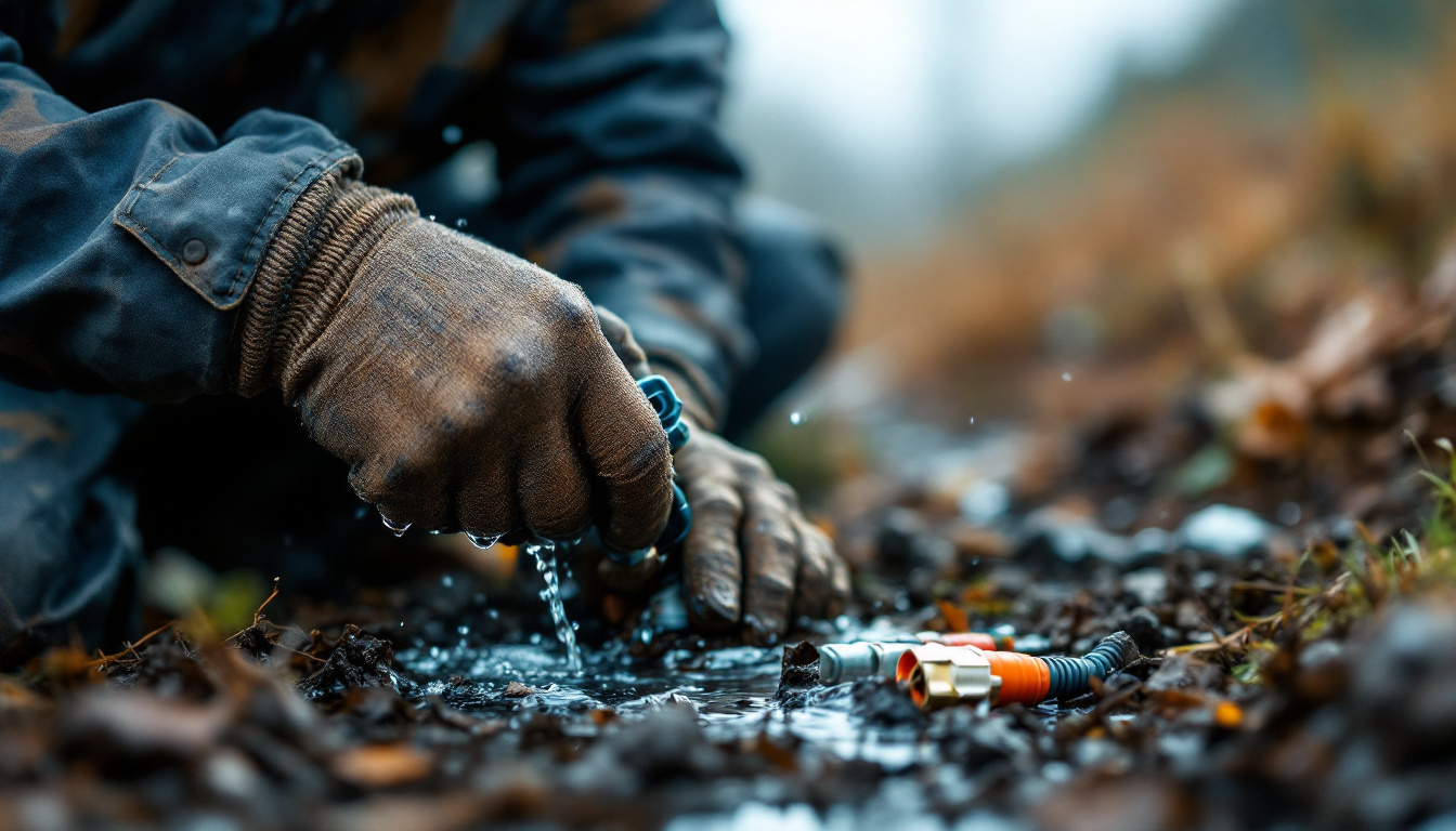 A photograph of a close-up of a technician expertly installing waterproof wire connectors in a rugged outdoor setting