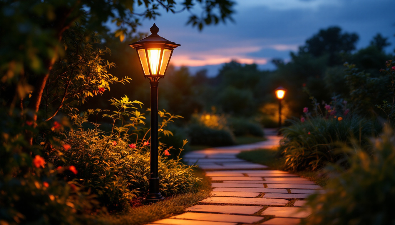 A photograph of a beautifully illuminated outdoor solar lamp post in a serene garden setting during twilight