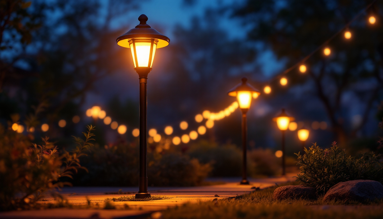 A photograph of a beautifully lit outdoor space showcasing solar led lights in action during twilight