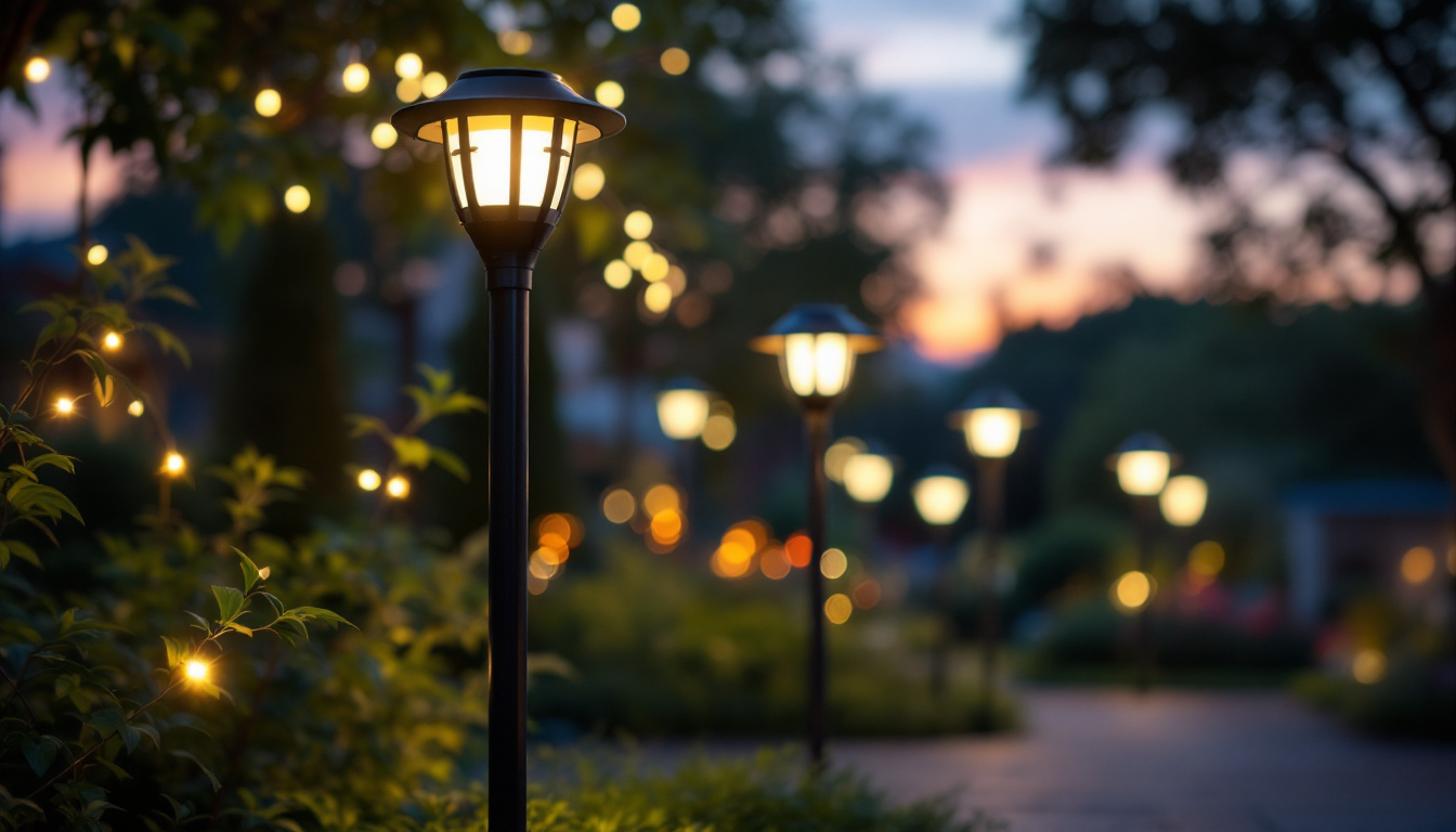 A photograph of a beautifully illuminated outdoor space featuring solar power lights in use