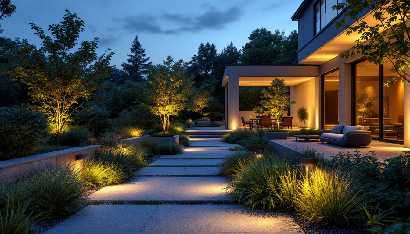 A photograph of a beautifully illuminated outdoor space showcasing various landscape lighting techniques