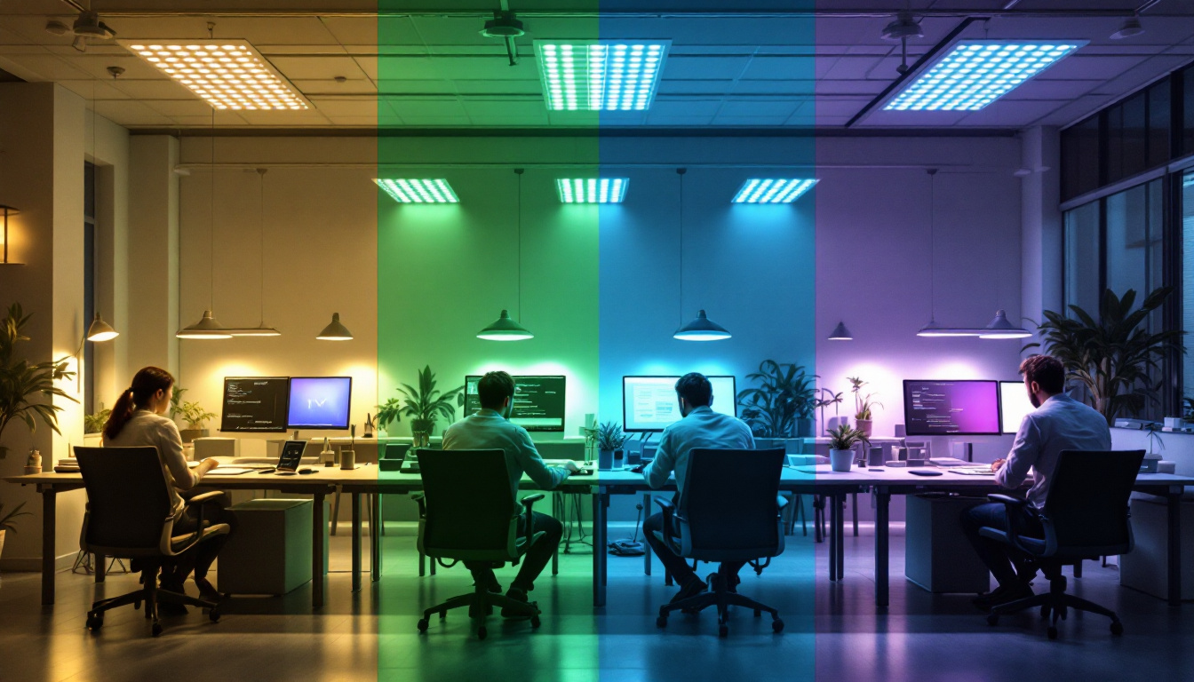 A photograph of a well-lit office environment showcasing employees engaged in various tasks under different lighting conditions (4000k