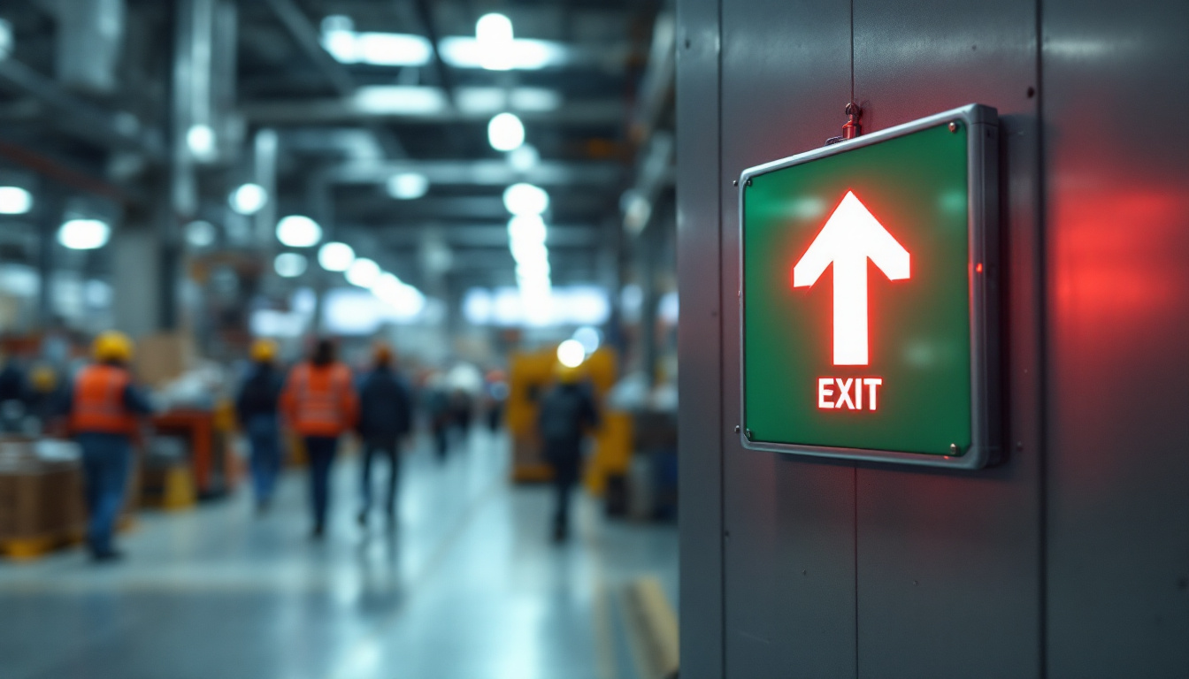 A photograph of a well-lit emergency exit sign prominently displayed in a bustling industrial or commercial space