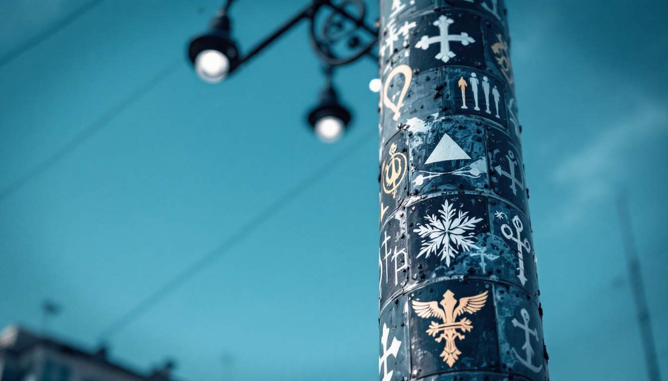 A photograph of capture a photograph of a modern light pole adorned with various platting symbols