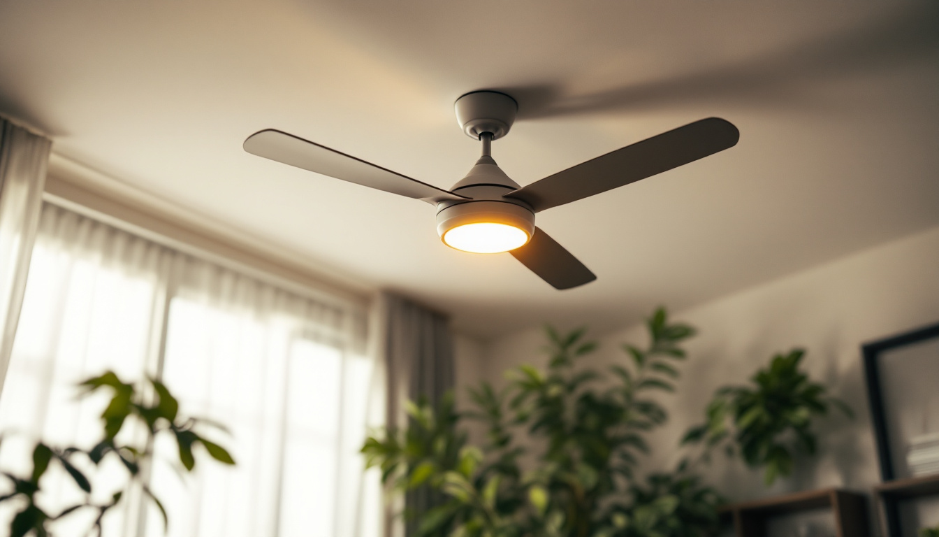 A photograph of capture a photograph of a stylish and innovative ceiling fan with integrated lighting