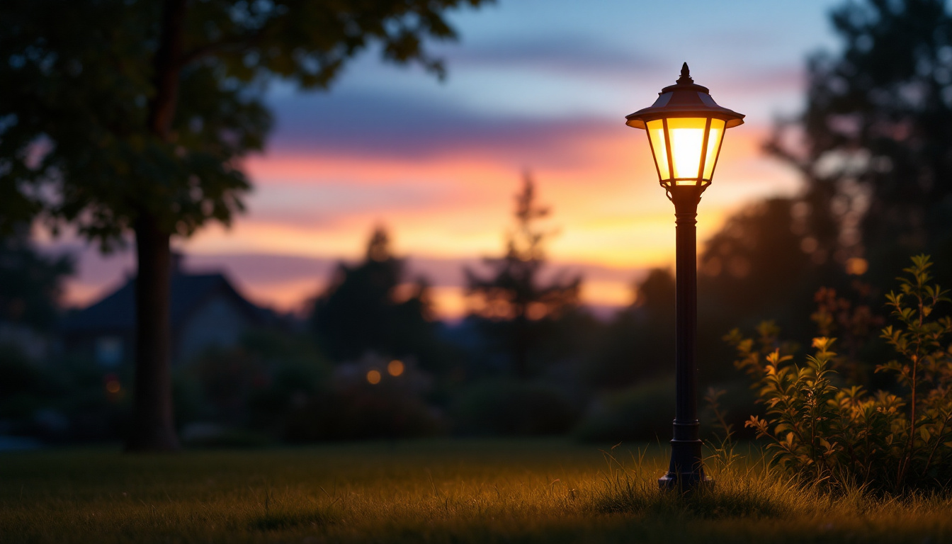 A photograph of a beautifully illuminated yard light post in a serene outdoor setting during twilight