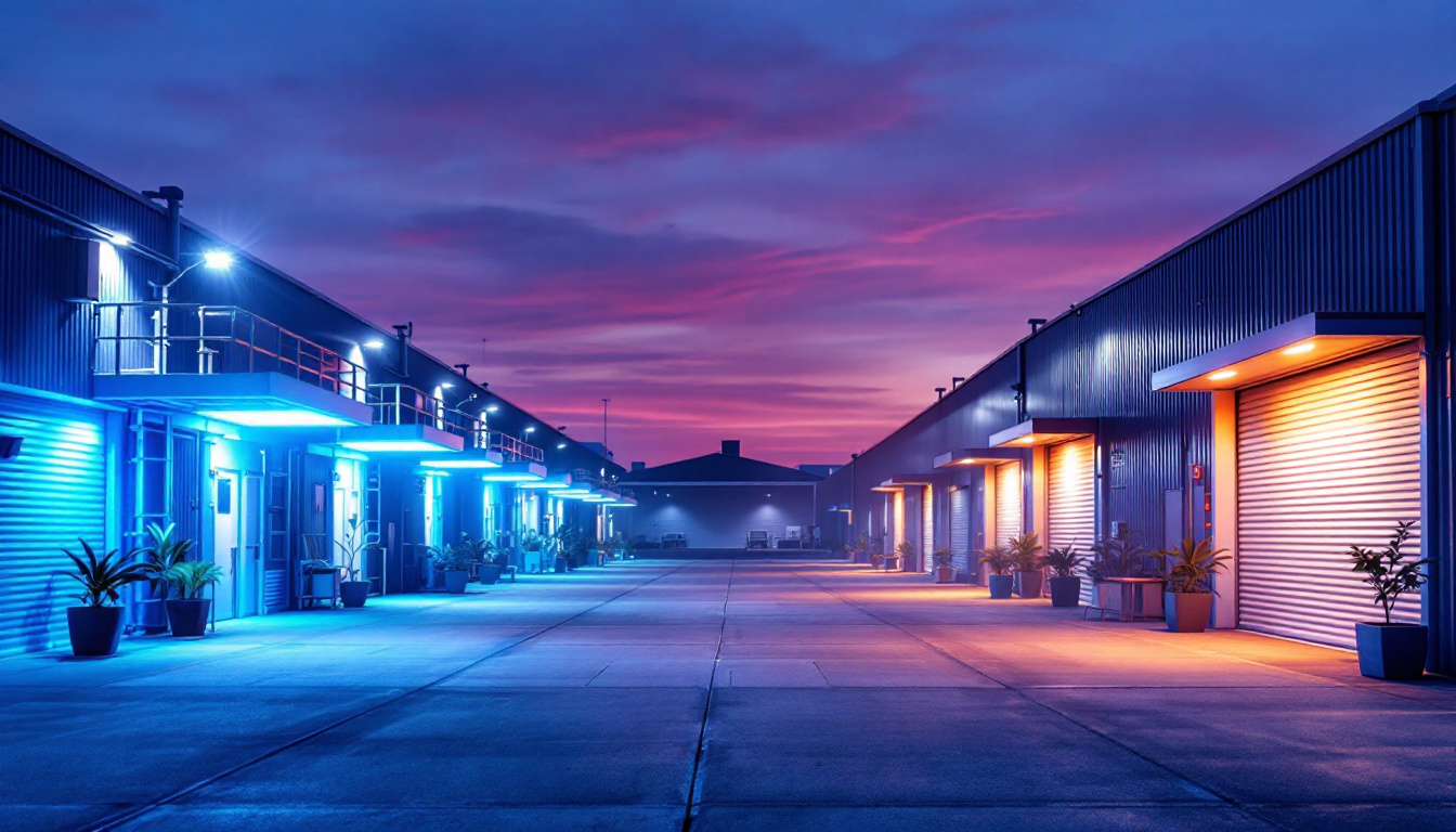 A photograph of a vibrant outdoor industrial or commercial space illuminated by led flood lights at dusk