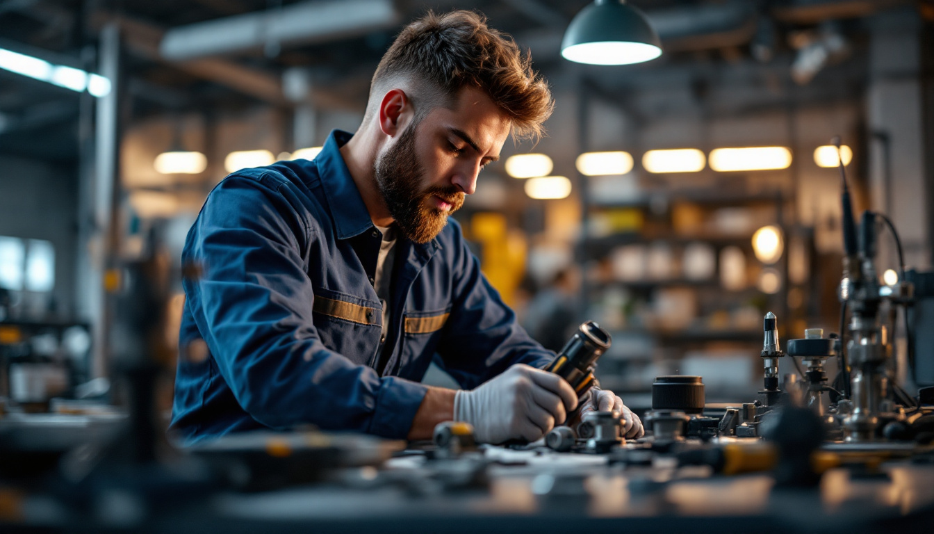 A photograph of a skilled technician carefully installing a ballast in a well-lit workspace