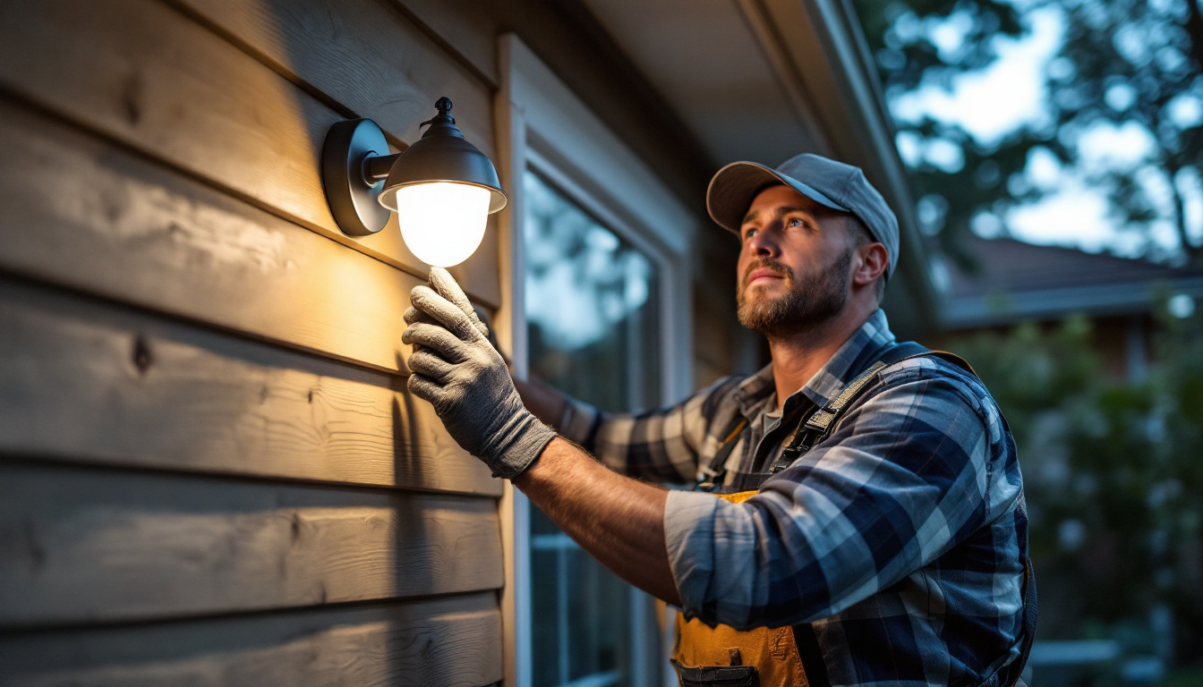 A photograph of capture a photograph of a homeowner installing a motion sensor light outdoors