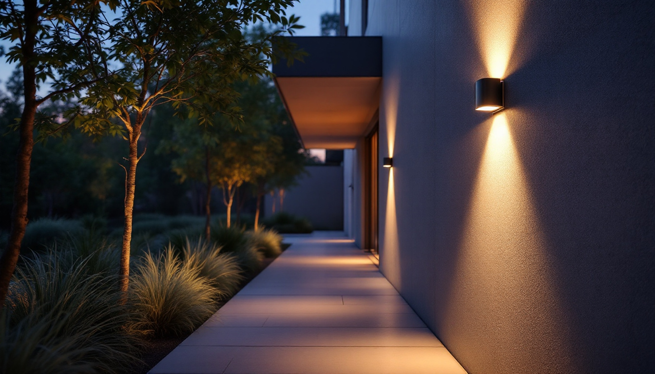 A photograph of a modern outdoor setting showcasing a sleek led wall pack illuminating a stylish building or pathway