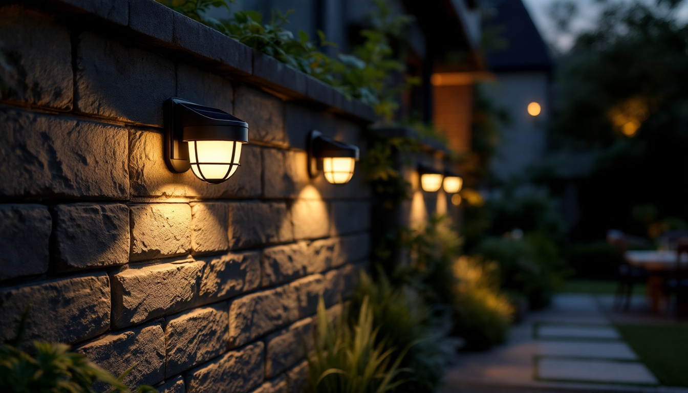 A photograph of a beautifully illuminated outdoor space featuring solar wall lights in action during twilight