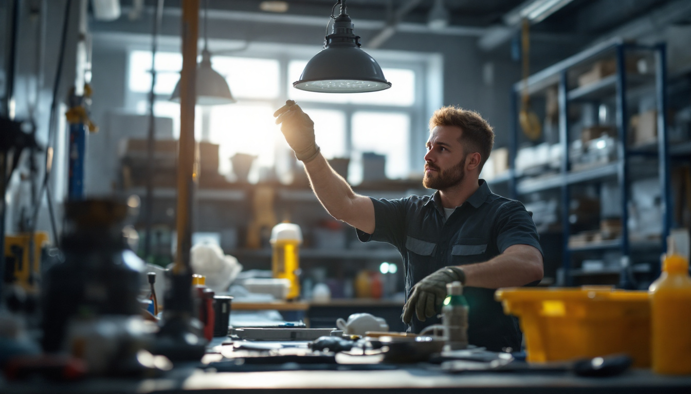 A photograph of capture a photograph of a well-lit workspace showing a technician carefully installing led lights in place of a 240w metal halide fixture